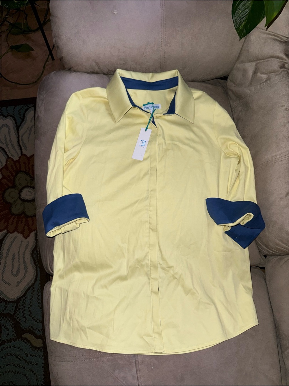 Perlavera Yellow Button-Down Shirt with Navy Trim
